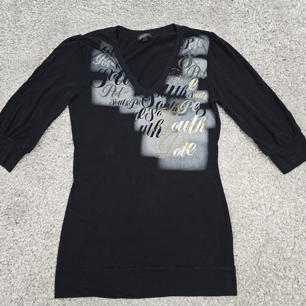 Southpole Youth Graphic Top Black 3/4 Sleeve V Neck Size XL Y2K Street
